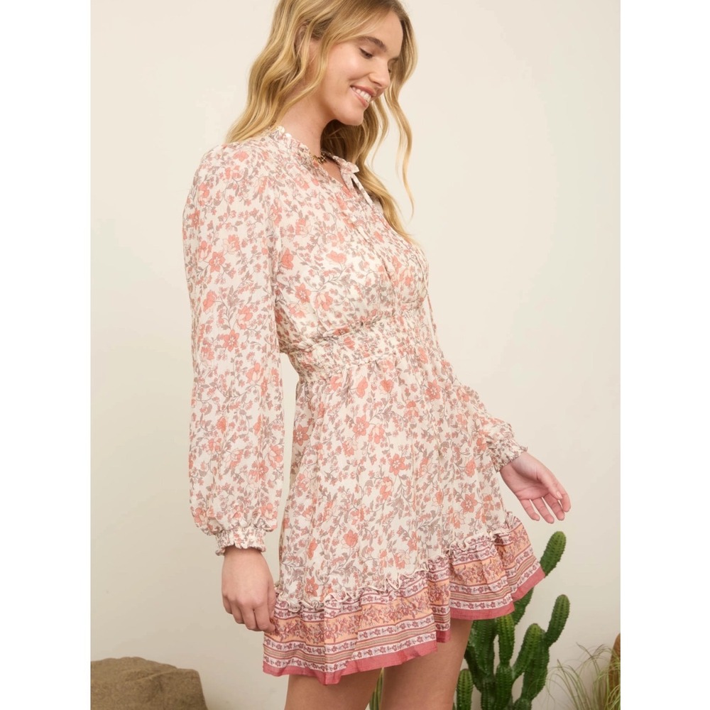 Cottagecore Prairie Floral Smocked Mini Dress Blu Pepper Pink Spring NWT Large